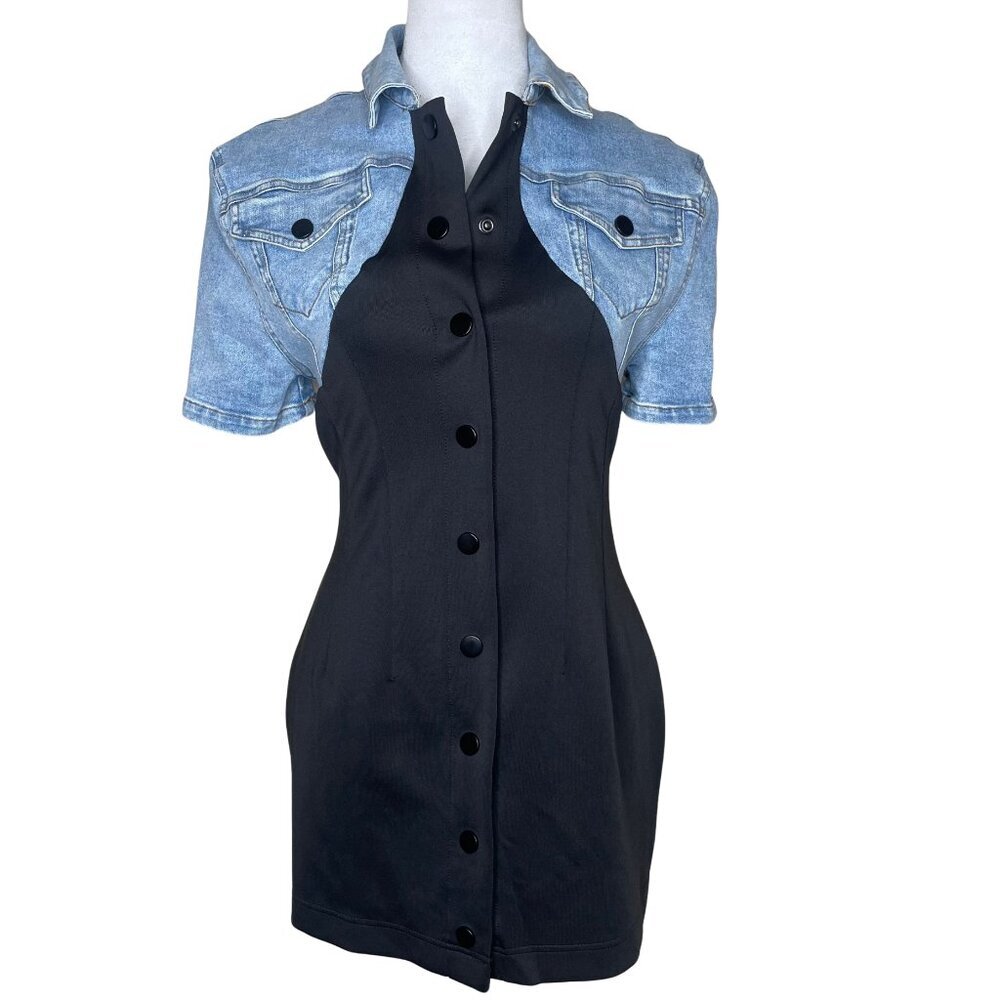 Fancy Dream Mixed Media Denim Hybrid Mini Dress Black Button Front Y2K Grunge M - Picture 2 of 11
